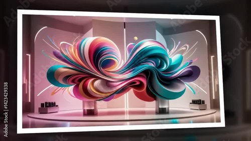 Modern abstract sculpture with colorful swirls in a sleek gallery space