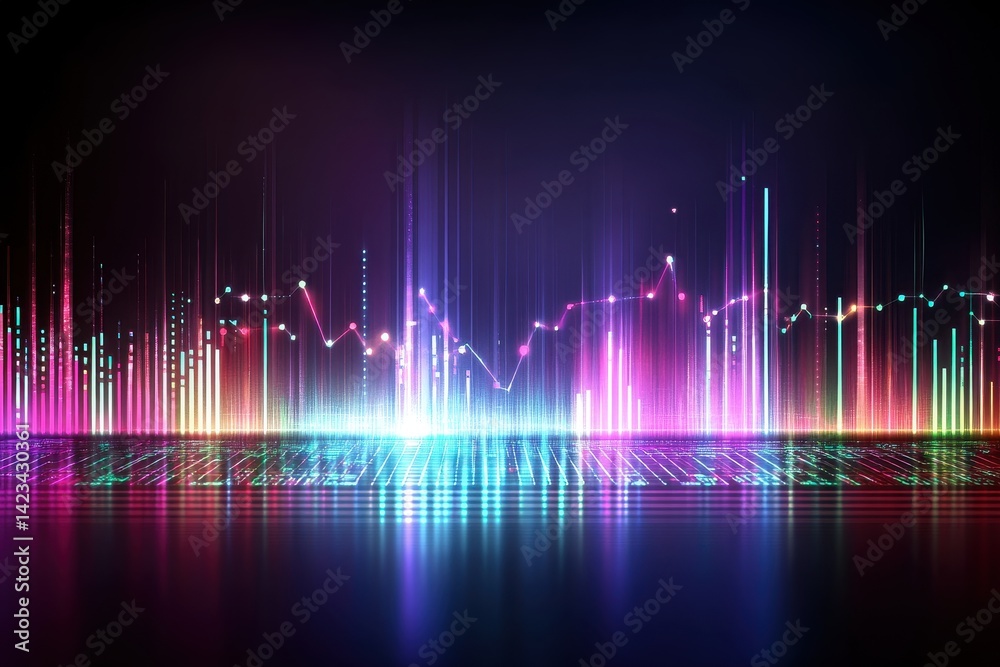 Vibrant colorful light spectrum display with vertical light bars and glowing reflections on dark background for digital technology and futuristic visual effects Vibrant colorful light spectrum display with vertical light bars and glowing reflections on dark background for digital technology and futuristic visual effects