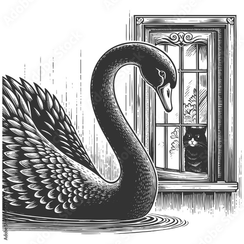 Huge black swan appearing through a window, representing rare and unforeseen disruptive events sketch engraving generative ai vector illustration. Scratch board imitation. Black and white image.