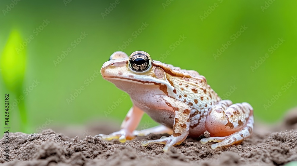 Fototapeta premium Close-up of a small, light-colored frog, with patterns, sitting on dirt