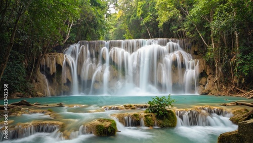 A tropical river scene with a cascading waterfall. Nature at its finest, captured in Vietnam's famous natural landmark.