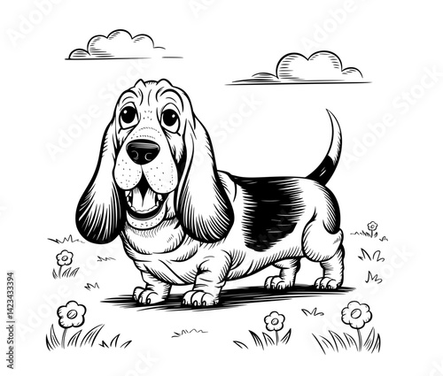 Vector black and white hand drawn childish set dog
