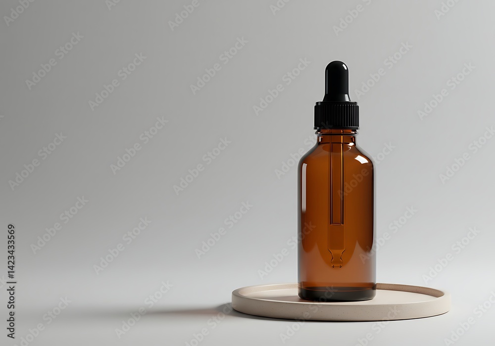 Amber Bottle with Dropper on Beige Tray, Minimalist Studio Setup, Tranquil Ambiance Amber Bottle with Dropper on Beige Tray, Minimalist Studio Setup, Tranquil Ambiance