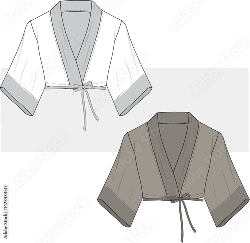 Cropped Kimono Technical Fashion Illustration. Kimono Jacket Loungewear, Vector Template. CAD Mockup Set