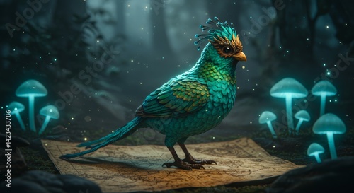 Enigmatic avian navigator intricate plumage atop ancient chart glowing mushrooms realm