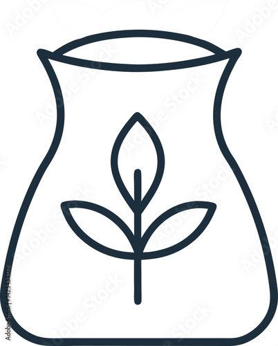 "Line drawing of a fertilizer bag with a plant symbol on it, simple and stylized on transparent background."

