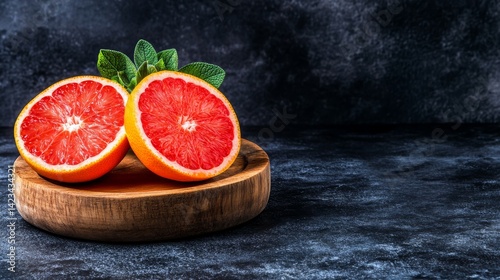 Closeup of fresh grape slices and leaf in rustic wooden bowl, a still life of natural goodness