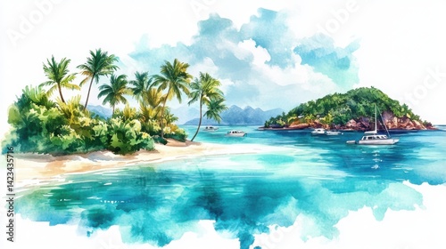 A serene watercolor scene depicting lush palm trees, a tranquil beach, and boats on turquoise waters against a backdrop of gentle hills and clouds.