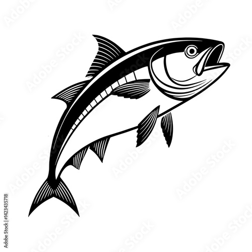 A vector illustration shows a swimming tuna, a marine animal from the ocean, designed as a cartoon icon for seafood