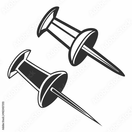 Black and white vector illustration of two push pins or thumbtacks used for pinning notes, reminders, or posters on bulletin boards
