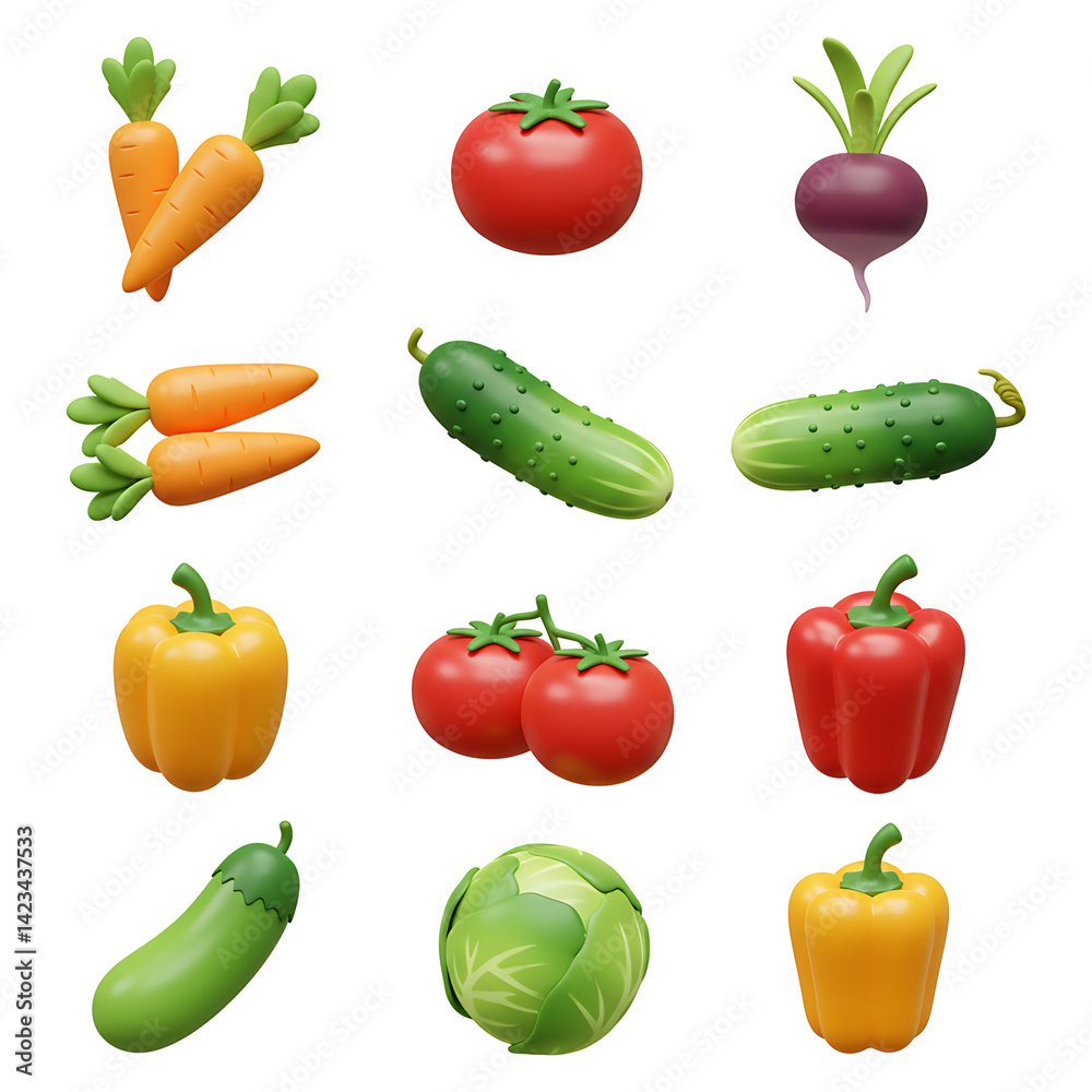 Colorful 3D Rendered Vegetables on Transparent Background Colorful 3D Rendered Vegetables on Transparent Background