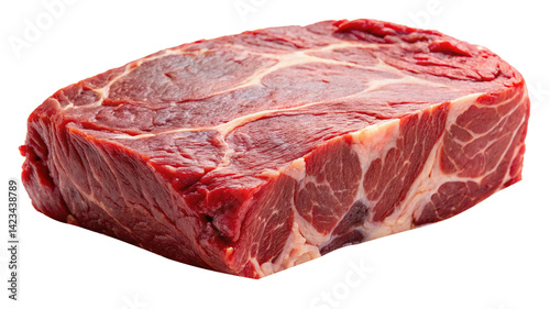 Single raw chuck roast beef steak cut with visible marbling on white