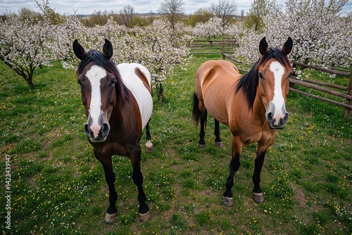 Horses Grazing, Orchard, Spring Landscape, Wide Angle, Pastoral, Nature Photography, Idyllic Atmosphere