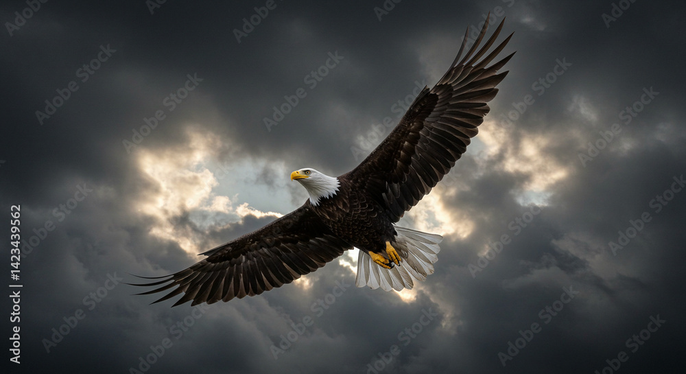 Fototapeta premium Eagle Flying Against Dramatic Sky with Sunlight Breaking Through Clouds