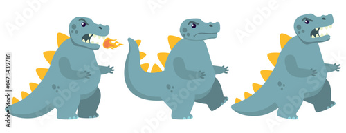 Cartoon Style Fierce Dragon Monster Breathing Fire and Roaring 