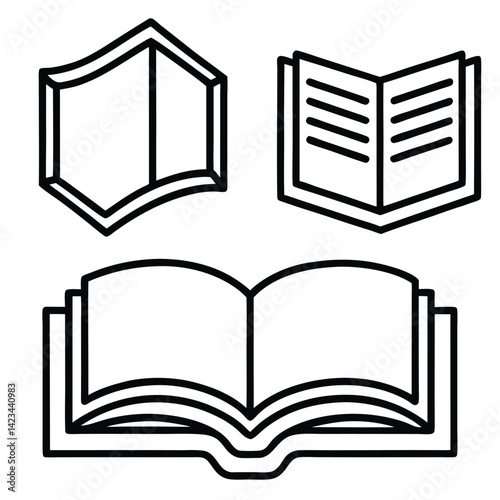 Three Simple Line Art Book Icons Open and Closed