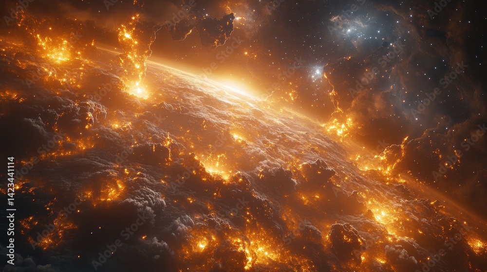 Fiery planet engulfed in cosmic flames. Fiery planet engulfed in cosmic flames.