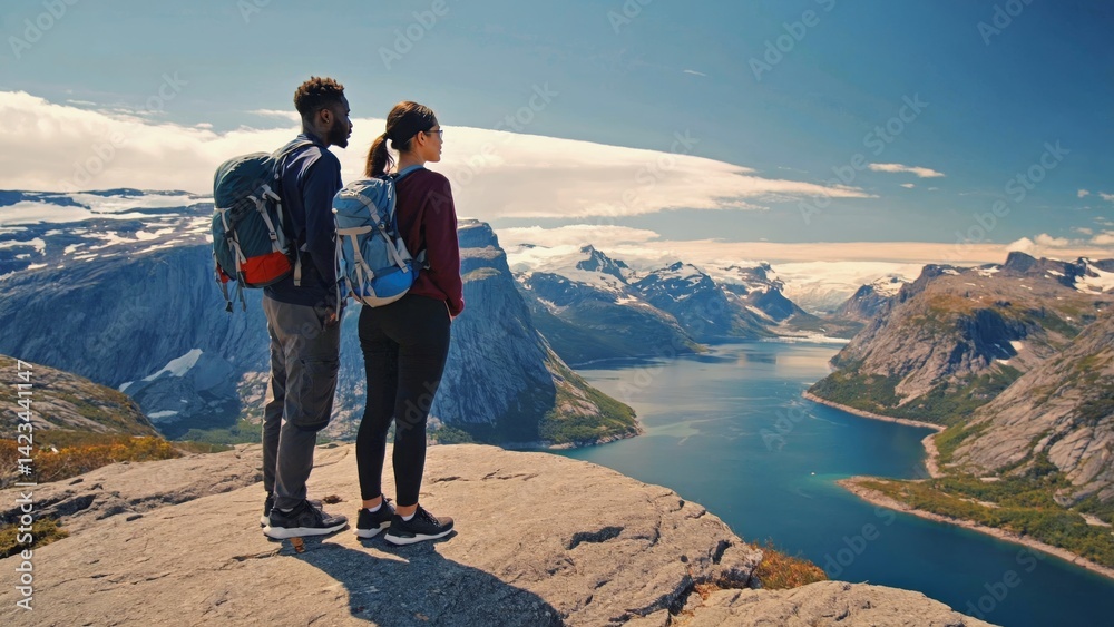 Two people at a mountain peak, looking out over a stunning landscape of blue water and green forest.