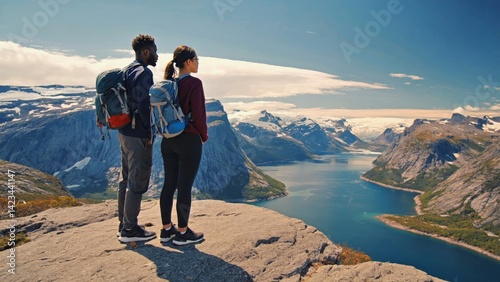 Obraz na płótnie Two people at a mountain peak, looking out over a stunning landscape of blue water and green forest. w salonie