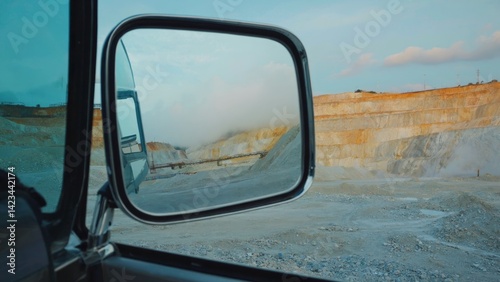 Reflection of quarry and road in side mirror.