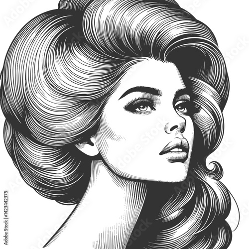 woman with an enormous, intricately curled hairstyle, blending surrealism, elegance, and vintage artistic style sketch engraving generative ai vector illustration. Scratch board. Black and white image