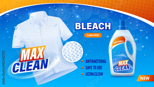 Laundry powder detergent cleaner, liquid wash ad with bottle and shirt, vector banner. Laundry soap liquid detergent for stain bleach, bottle package in water bubbles and clean shine of cloth fabric