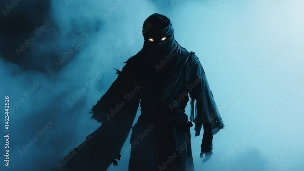 Mysterious dark figure enveloped in ethereal mist, glowing eyes, mysterious silhouette Mysterious dark figure enveloped in ethereal mist, glowing eyes, mysterious silhouette