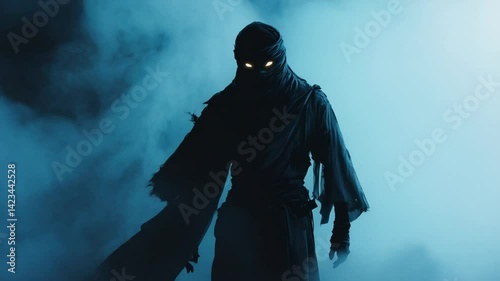 Mysterious dark figure enveloped in ethereal mist, glowing eyes, mysterious silhouette