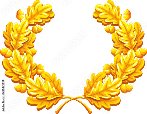 Golden laurel wreath badge for game asset and winner award, vector cartoon symbol. Laurel wreath of golden oak leaves branch with shiny gold acorns for best award or winner reward in game asset