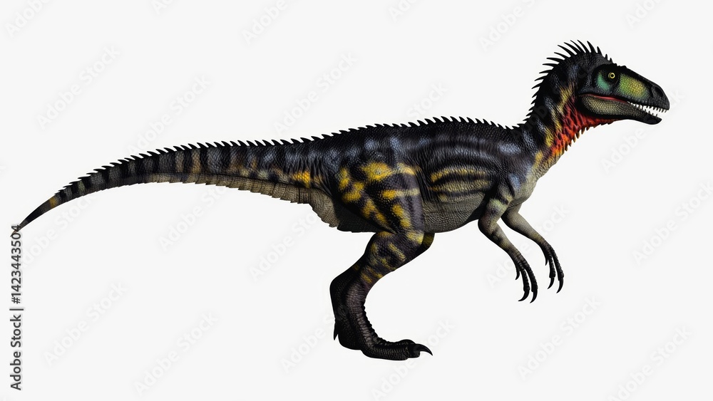 Digital illustration of a velociraptor in motion, depicted with vibrant colors and detailed feathers. Digital illustration of a velociraptor in motion, depicted with vibrant colors and detailed feathers.