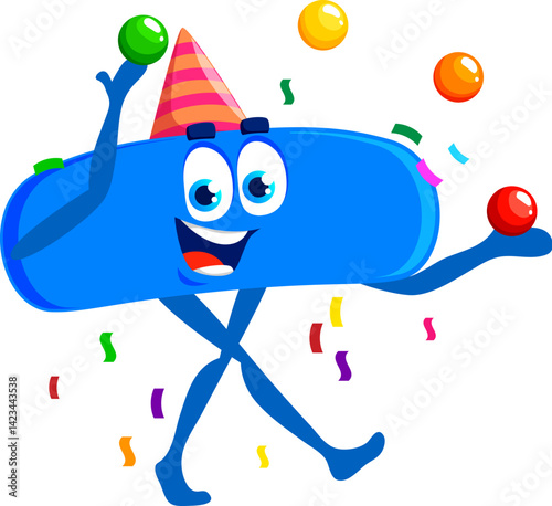 Cartoon math minus symbol character birthday holiday celebration. Vector blue subtraction sign personage wearing a party hat and juggling balls, embodies fun learning, and games for kids education