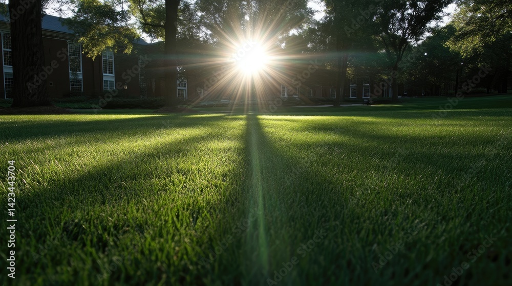 Sunlight streams across a lush campus lawn, highlighting the vibrant green grass Sunlight streams across a lush campus lawn, highlighting the vibrant green grass