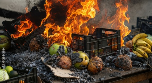 Fire engulfing rotting fruit and plastic crates in outdoor setting photo