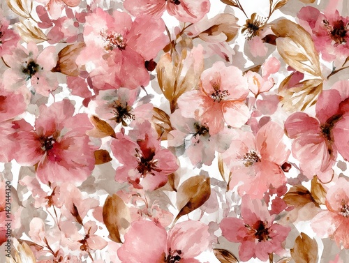 Watercolor floral pattern features delicate pink blossoms amidst gentle brown leaves, creating soft, elegant, natural composition.