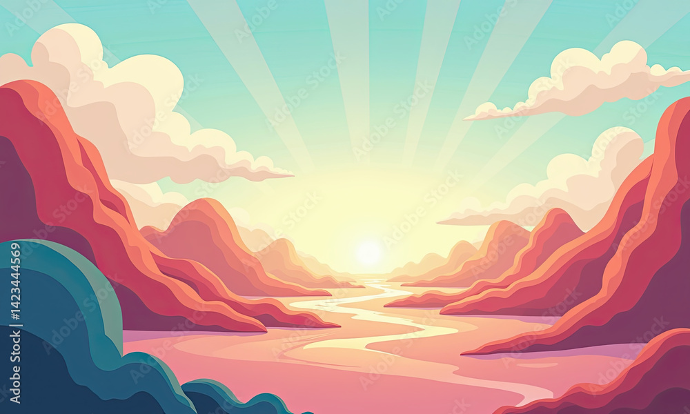 Sunset Mountains River Landscape Illustration - Vibrant color palettes Sunset Mountains River Landscape Illustration - Vibrant color palettes