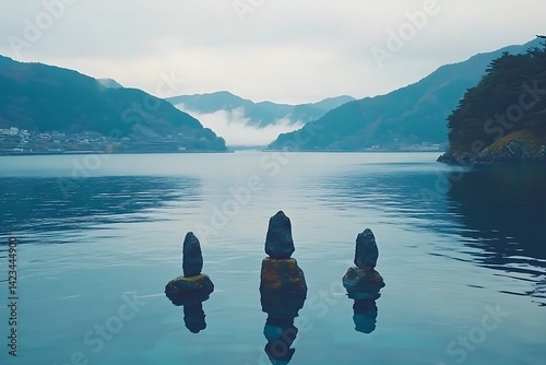 Misty lake scene with three stones in the water. photo