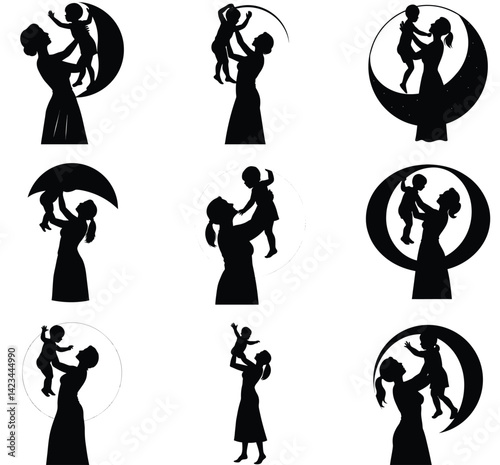 Black silhouette vector of a mother lifting a baby on white background