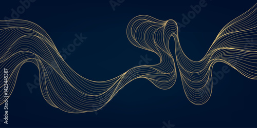 Vector abstract golden wave on dark backgrounds. Thin line modern premium shape, premium curve glitter graphic template, flow vintage art deco pattern.