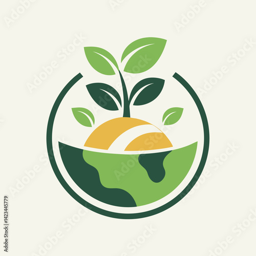 Natural minimalist logo design for an organic food brand featuring a green earth with a rising sun and growing leaves in a sustainable and eco-friendly aesthetic