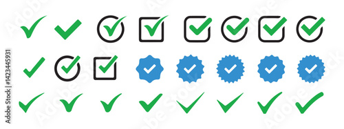 check mark and Verified badge vector icons collection. Green check mark icon. Tick symbol. Accept okay symbol. Vector Illustration