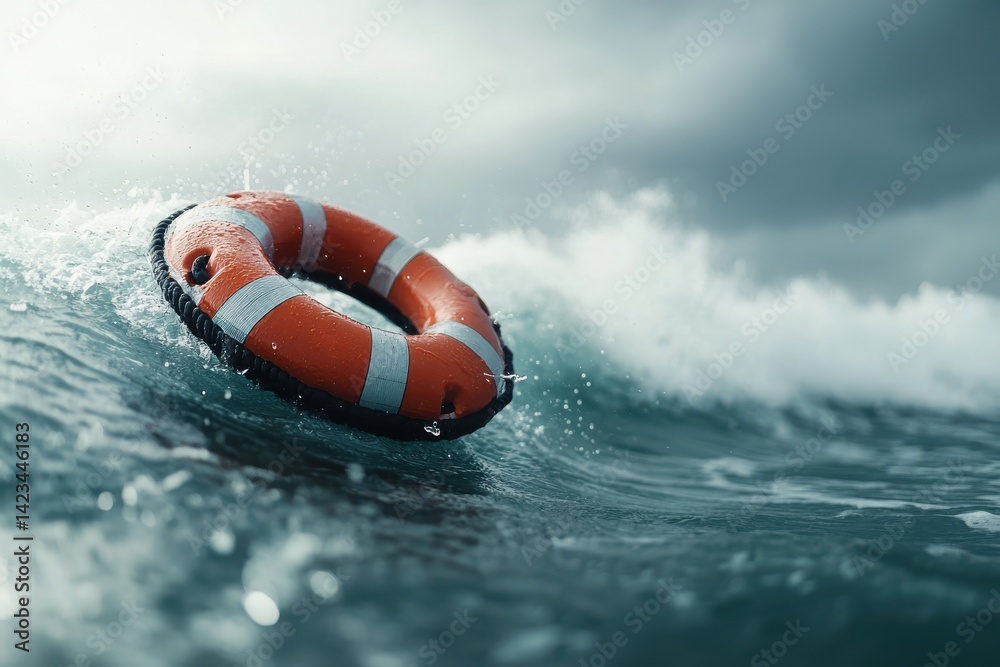 Naklejka premium A bright orange lifebuoy floats in turbulent ocean waves under a dramatic sky, symbolizing safety and rescue at sea.