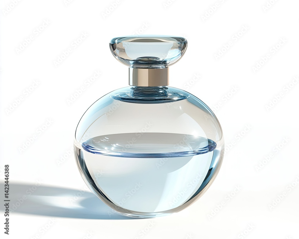 A beautifully crafted glass perfume bottle filled with clear liquid, elegantly placed on a white background, showcasing its round shape and reflective surface, ideal for product advertising A beautifully crafted glass perfume bottle filled with clear liquid, elegantly placed on a white background, showcasing its round shape and reflective surface, ideal for product advertising