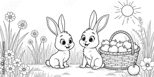 line art cute coloring page with garden flower and cartoon 2 rabbit fruit basket.