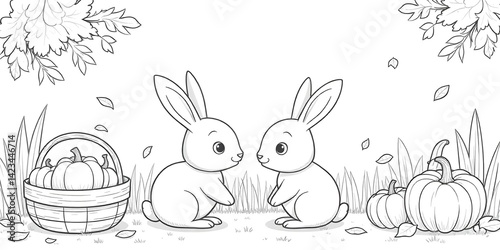 line art cute coloring page with garden flower and cartoon 2 rabbit fruit basket.
