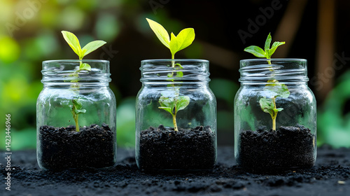 Three Seedlings Growing in Glass Jars
