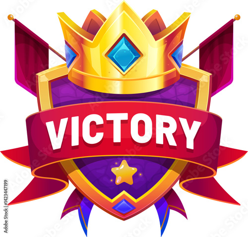 Heraldic game victory badge of golden crown on shield, vector GUI banner. Victory badge or winner award with golden crown, pennant flags and ribbon for casino poker gamble win or level completed badge