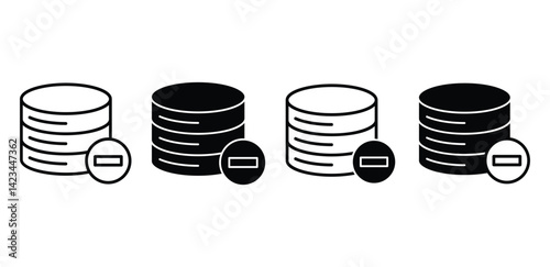Database Delete Icon Black and White Stacked Disk Icons with Minus Symbol Vector Design