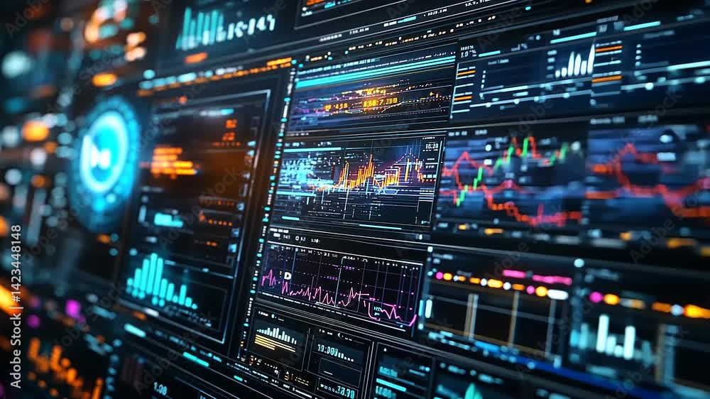 Futuristic data dashboard displaying vibrant graphs and analytics in a tech environment