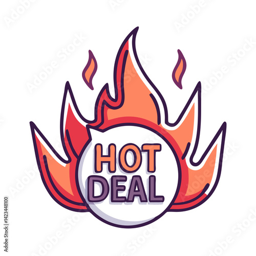 Round hot deal label surrounded by flames