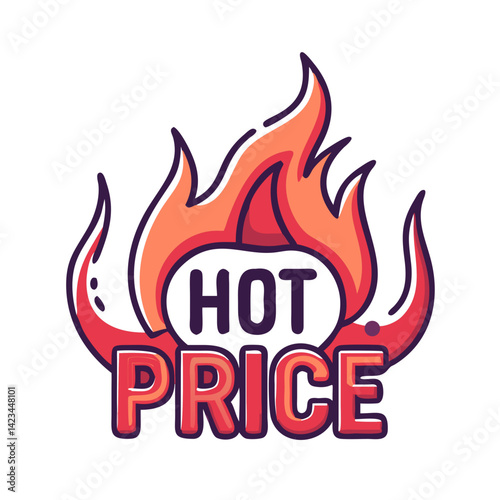 Vertical hot price label with bold fire flames